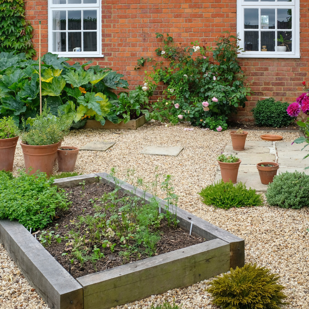 Gravel courtyard with raised timber planting bed